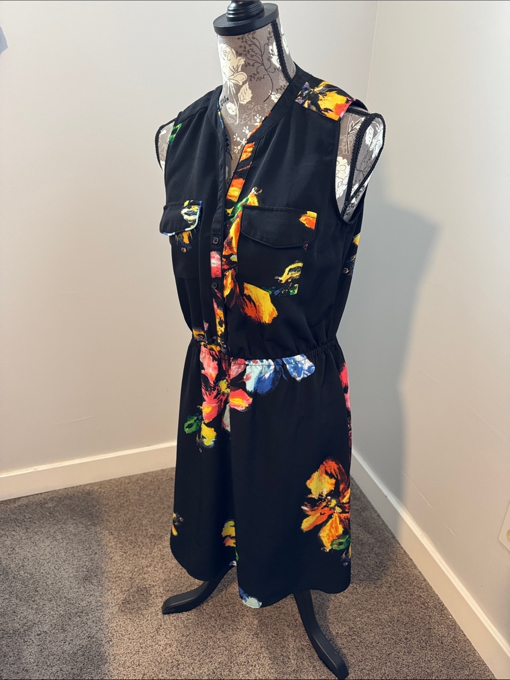 Girls' Black Floral Sleeveless Dress with Bright Accent Flowers